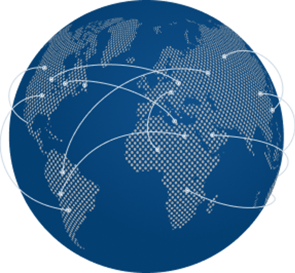 Modra stilizirana slika Zemlje, prikazana z vzorcem pik, ki ponazarjajo celine. Med različnimi deli sveta so narisane bele ukrivljene linije, ki simbolizirajo globalne povezave in pretok informacij.