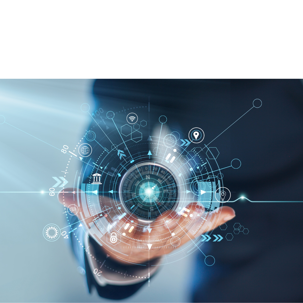 A person in business attire holding an open hand with a three‑dimensional digital sphere above it, featuring icons and data elements that symbolize technology, analytics and digital solutions.