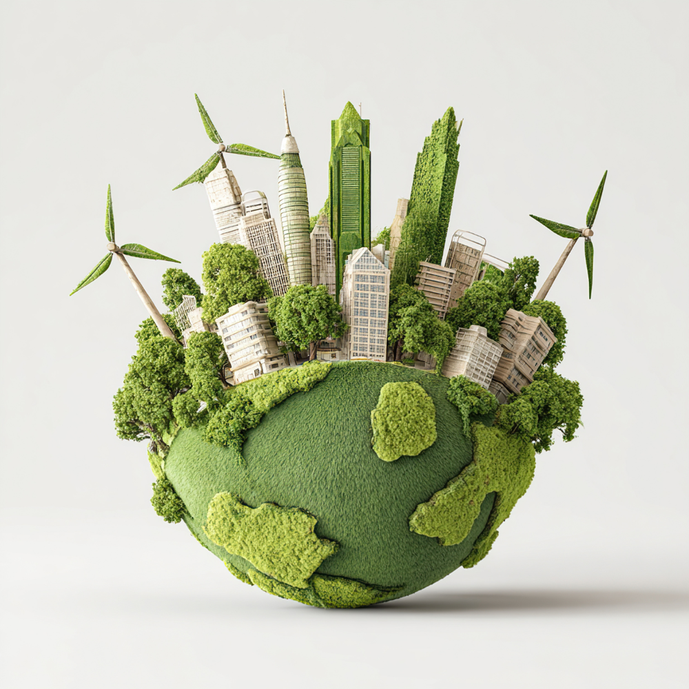 Stiliziran prikaz Zemlje, prekrit z zelenimi površinami, iz katere izraščajo drevesa, stavbe in vetrne turbine, kot simbol trajnostnega razvoja in zelenih mest.