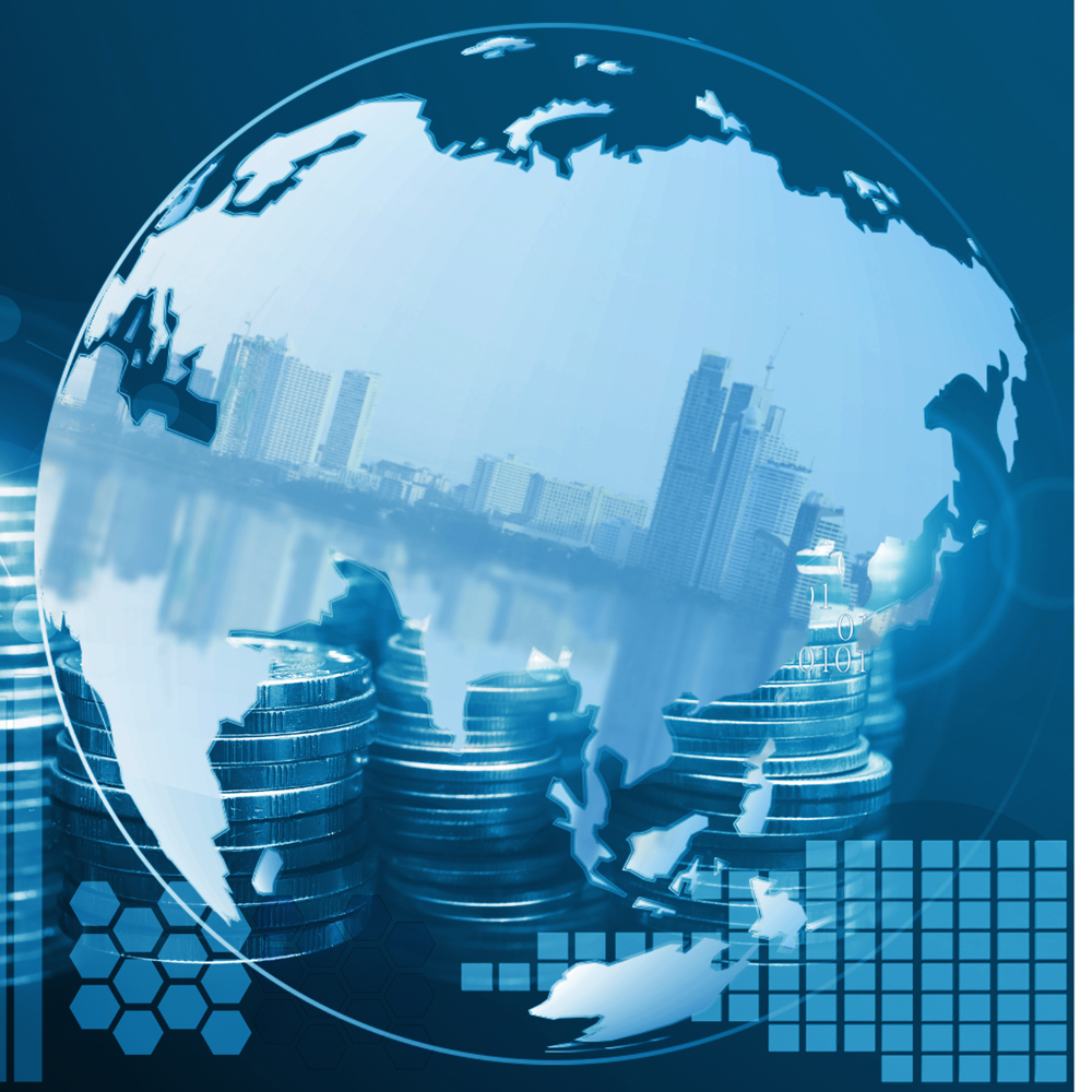 A light‑blue illustration of the Earth overlaid with stacks of coins and digital graphic elements symbolizing global finance and economic growth.