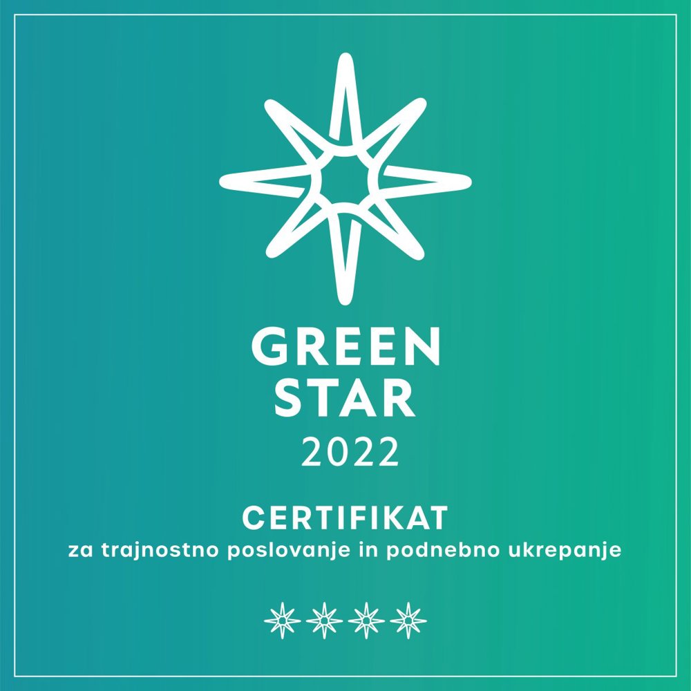 A graphic with a green‑blue gradient background features a white star‑shaped symbol at the top and the text ‘GREEN STAR 2022’. Below it is the phrase ‘Certificate for sustainable business and climate action’, with four small stars at the bottom.