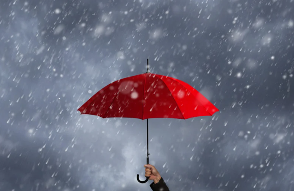 Roka drži rdeč dežnik med močnim sneženjem na temnem nebu.