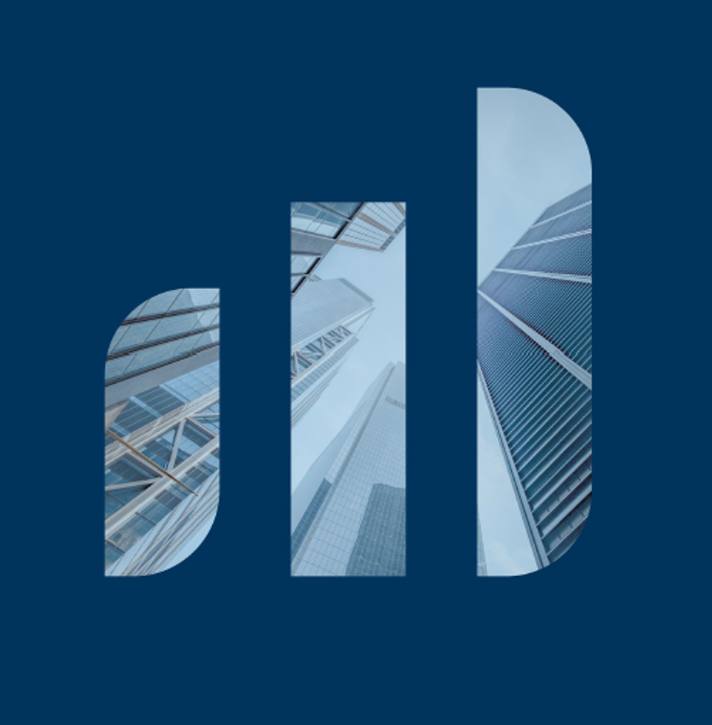 Three vertical shapes showing images of glass skyscrapers on a dark blue background.
